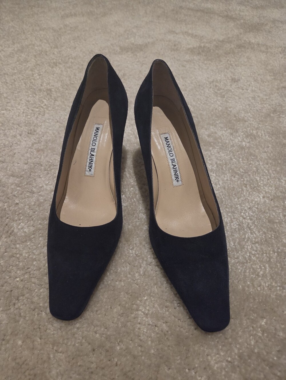 Manolo Blahnik Navy Suede Square Pointed Toe Pumps
